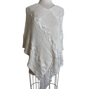 XOXO knit Ivory sweater poncho wrap with fringe loose knit cover up